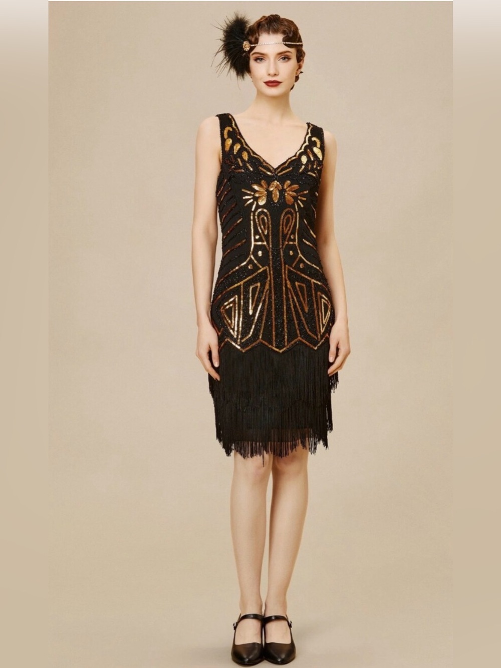 Babeyond 1920’s Era Vintage Inspired Great Gatsby Black and Gold Costume Dress
